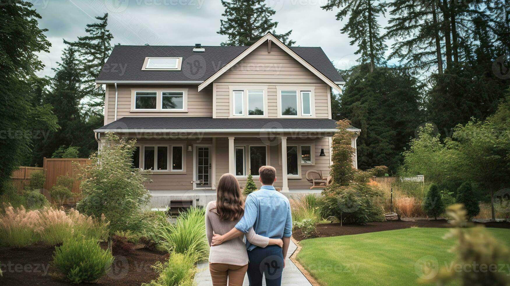 Young family looking at their new home standing with their backs, Generative AI photo