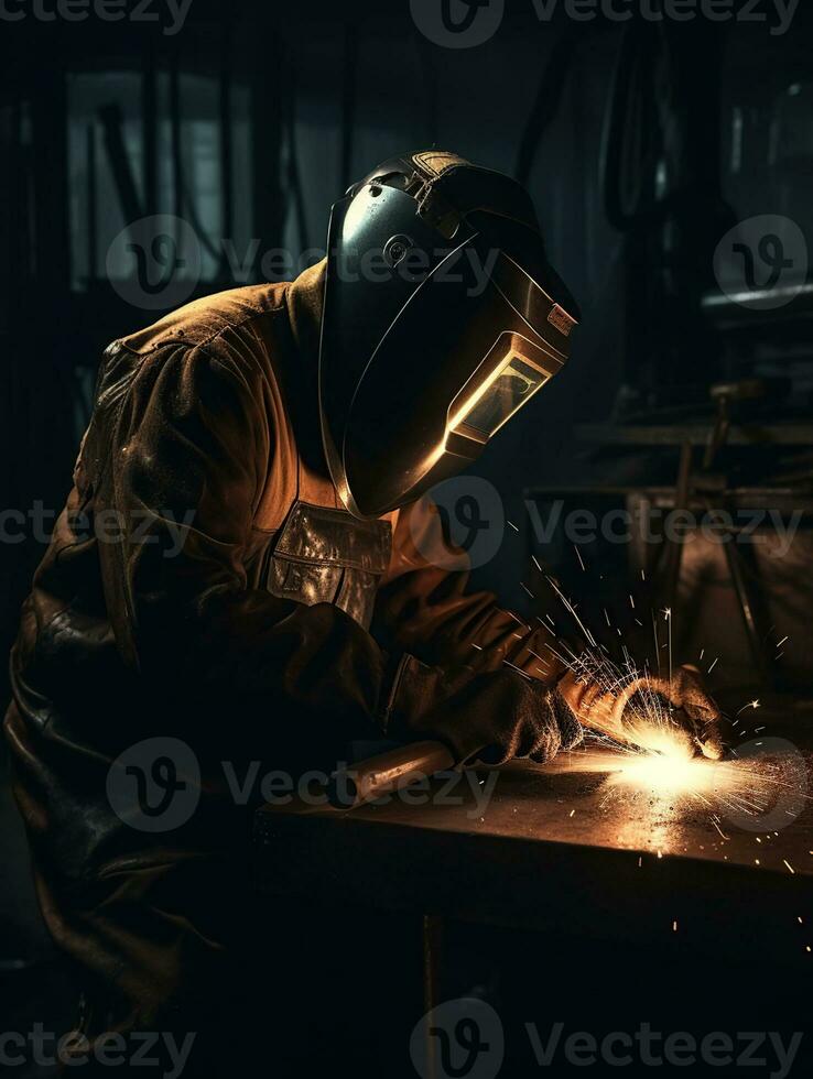 Welder welding metal, high detail, cinematic lighting, widescreen, dark background with copper colored splashes and metal springs, generative ai photo
