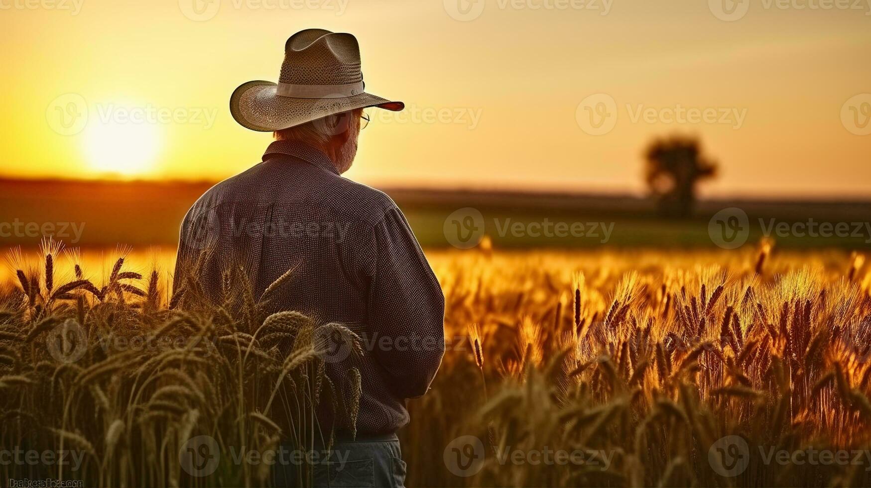 Rear View of a Seasoned Farmer Assessing the Crop in the Evening Light. Generative AI photo