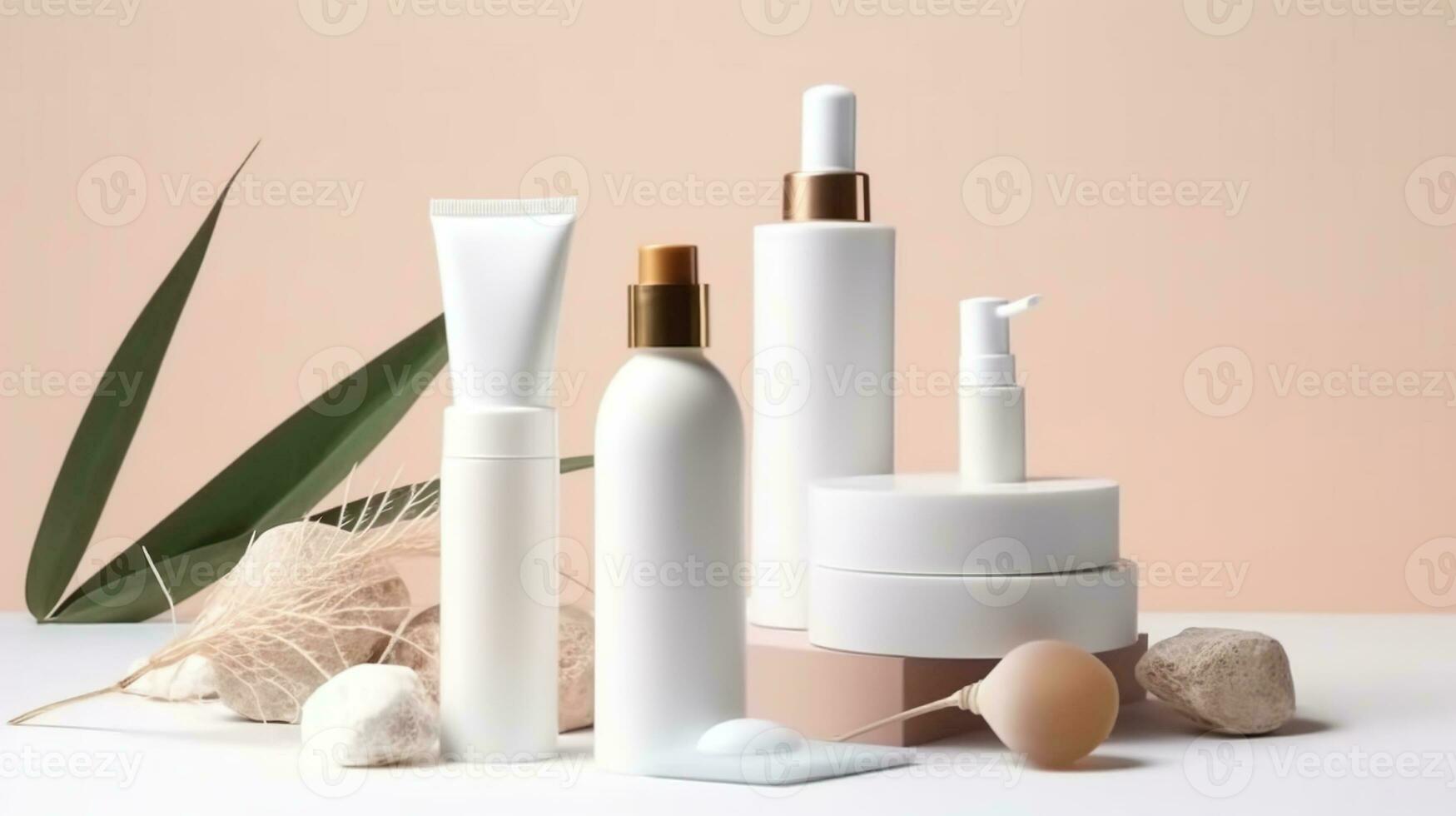 Isolated blank white skincare product set, no label or logo, surrounded by natural items, marketing mockup, Generative AI photo