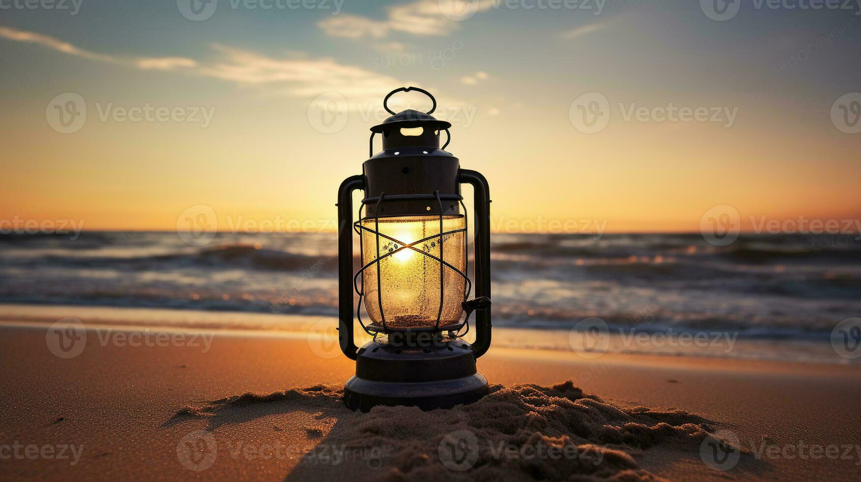 un antiguo linterna toma el sol en el vibrante atardecer, creando un nostálgico atmósfera en el playa. generativo ai foto