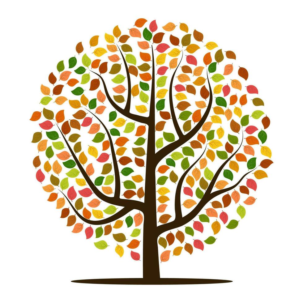 Autumn tree with yellow, orange, brown and green leaves. Vector illustration