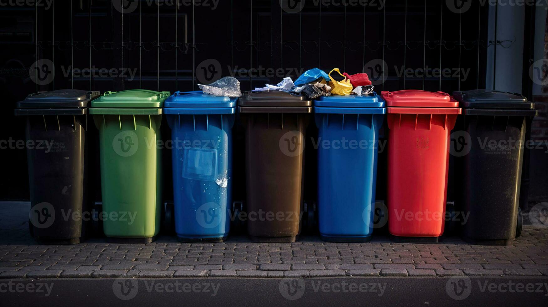 Collection of waste bins full of different types of garbage, recycling and separate waste collection concept, generative ai photo