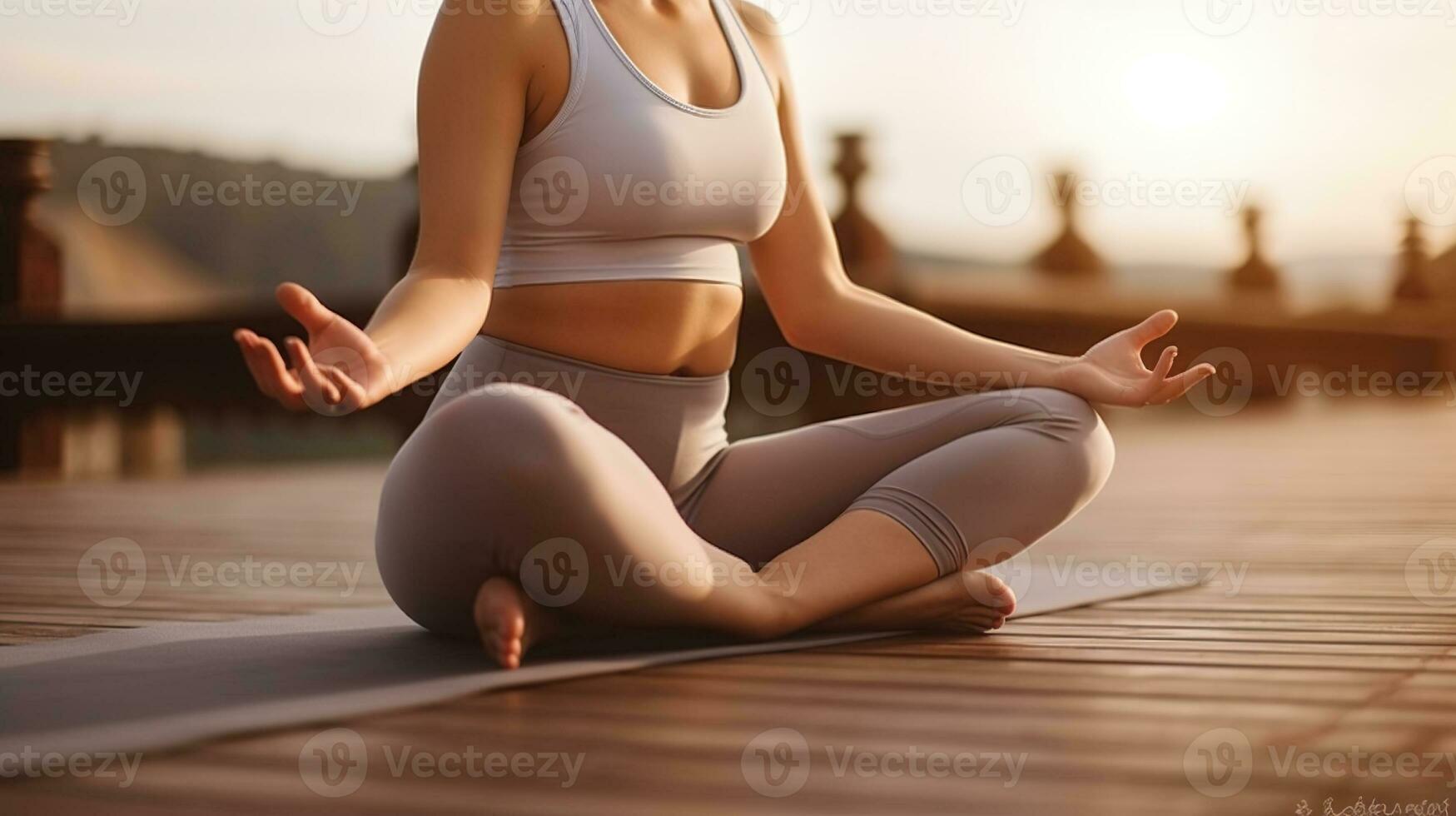 Side view of crop unrecognizable female in sportswear sitting in lotus pose with fingers in mudra while practicing yoga on wooden pier. Generative AI photo