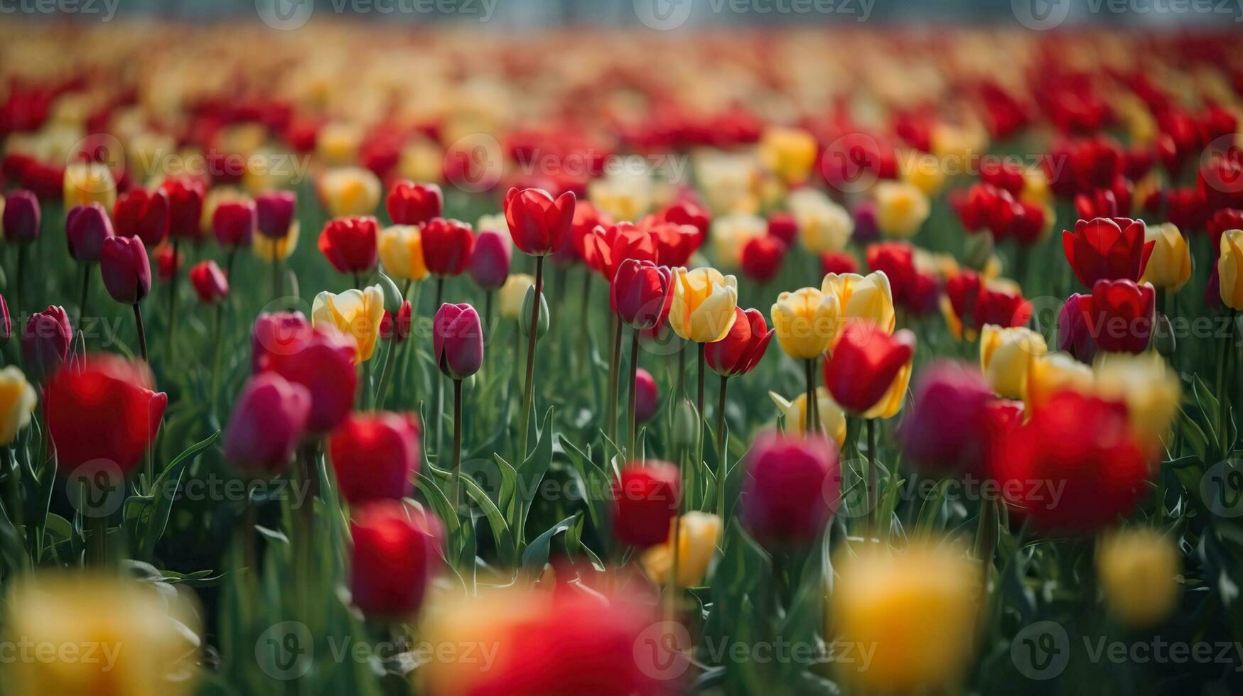 A field planted with many tulips in spring time. Colorful background with flowers for spring holiday season. Close up, Generative AI photo