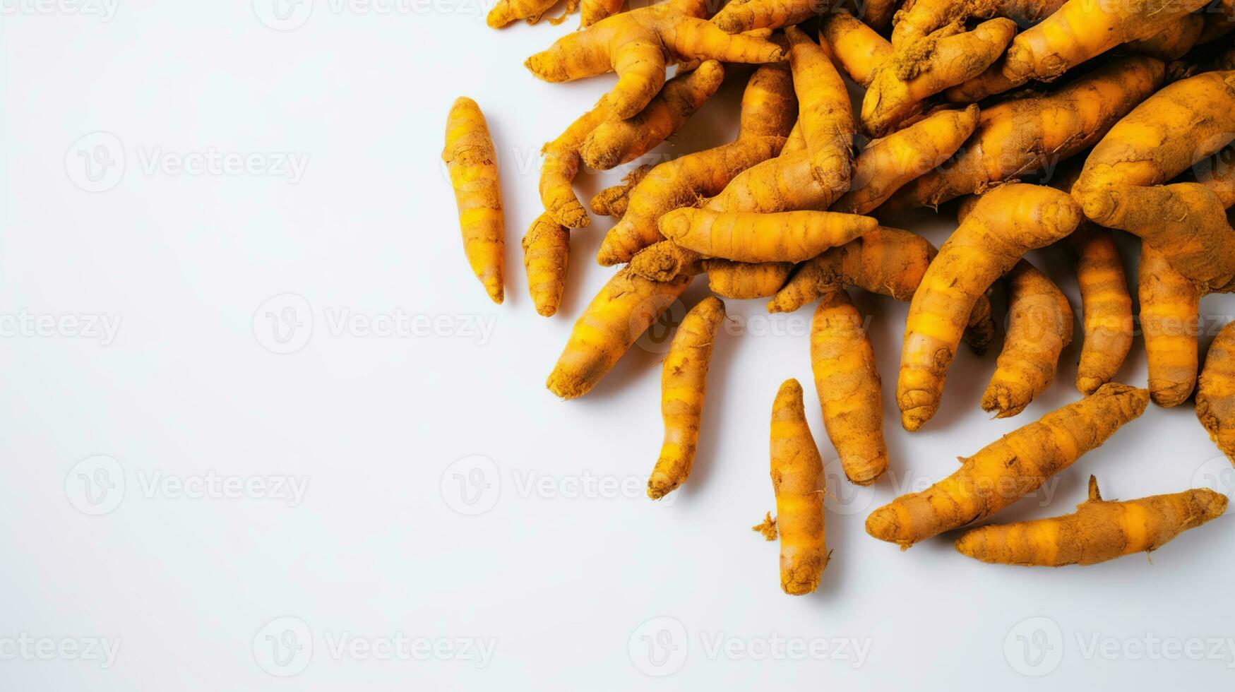 Bunch of ripe dried organic turmeric roots laid in composition on white background. Curcuma at table counter. Generative AI photo