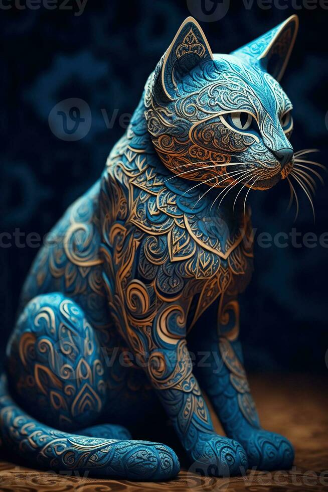 Feline Illusion, A Cut Paper Exotic Cat with Intricate Ornate Patterns and Shadow Play. Generative AI photo