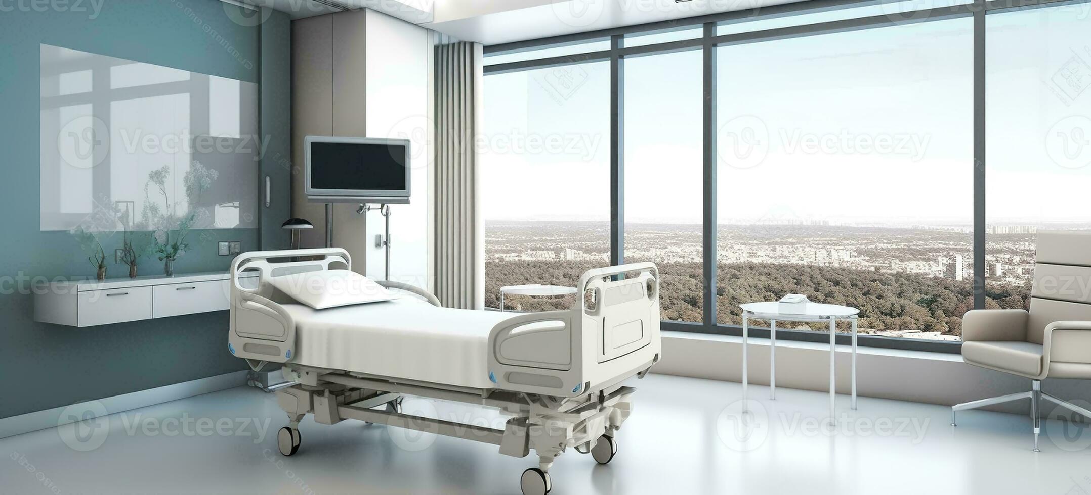 lujoso hospital habitación con ciudad vista. generativo ai foto