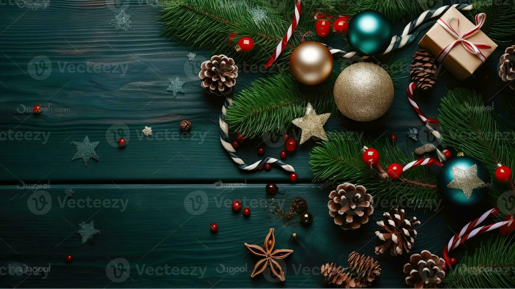 Navidad estado animico concepto. diseño composición con tradicional festivo atributos, verde decorativo Fresco pino árbol sucursales. invierno Días festivos estación. Copiar espacio, generativo ai foto