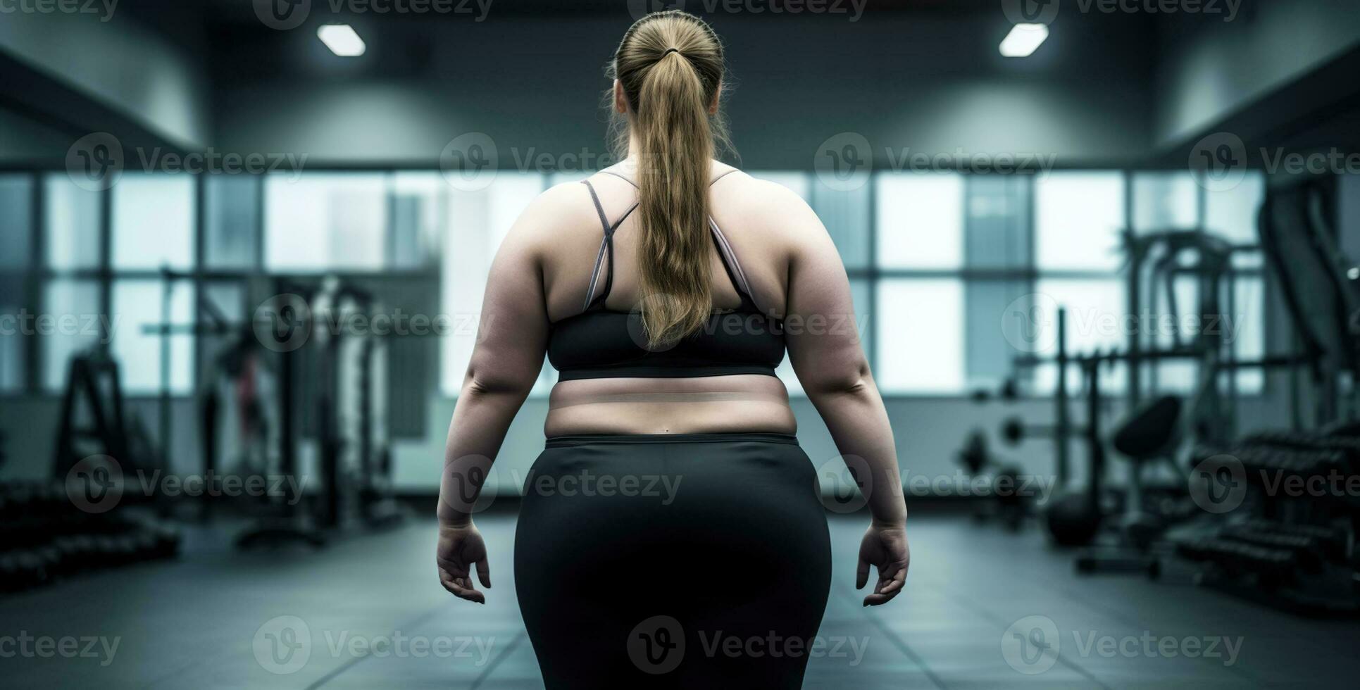 Overweight woman in a gym. Body positive concept. Generative AI photo