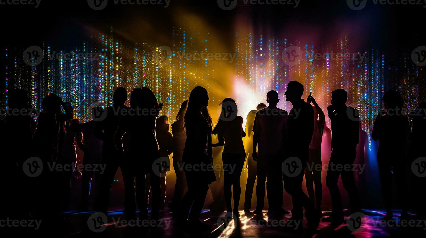 Silhouette of a party crowd on a disco lights background. AI Generative photo