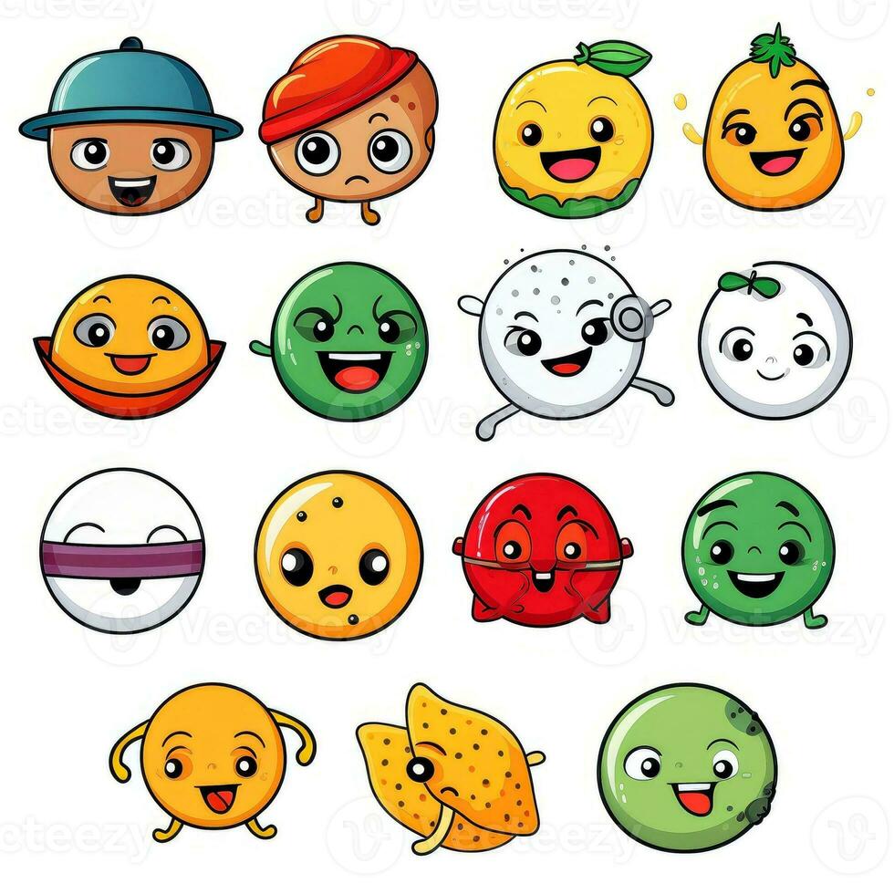 Set of cartoon faces expressions, face emojis, stickers, emoticons, cartoon funny mascot characters face set, Generative AI illustration photo