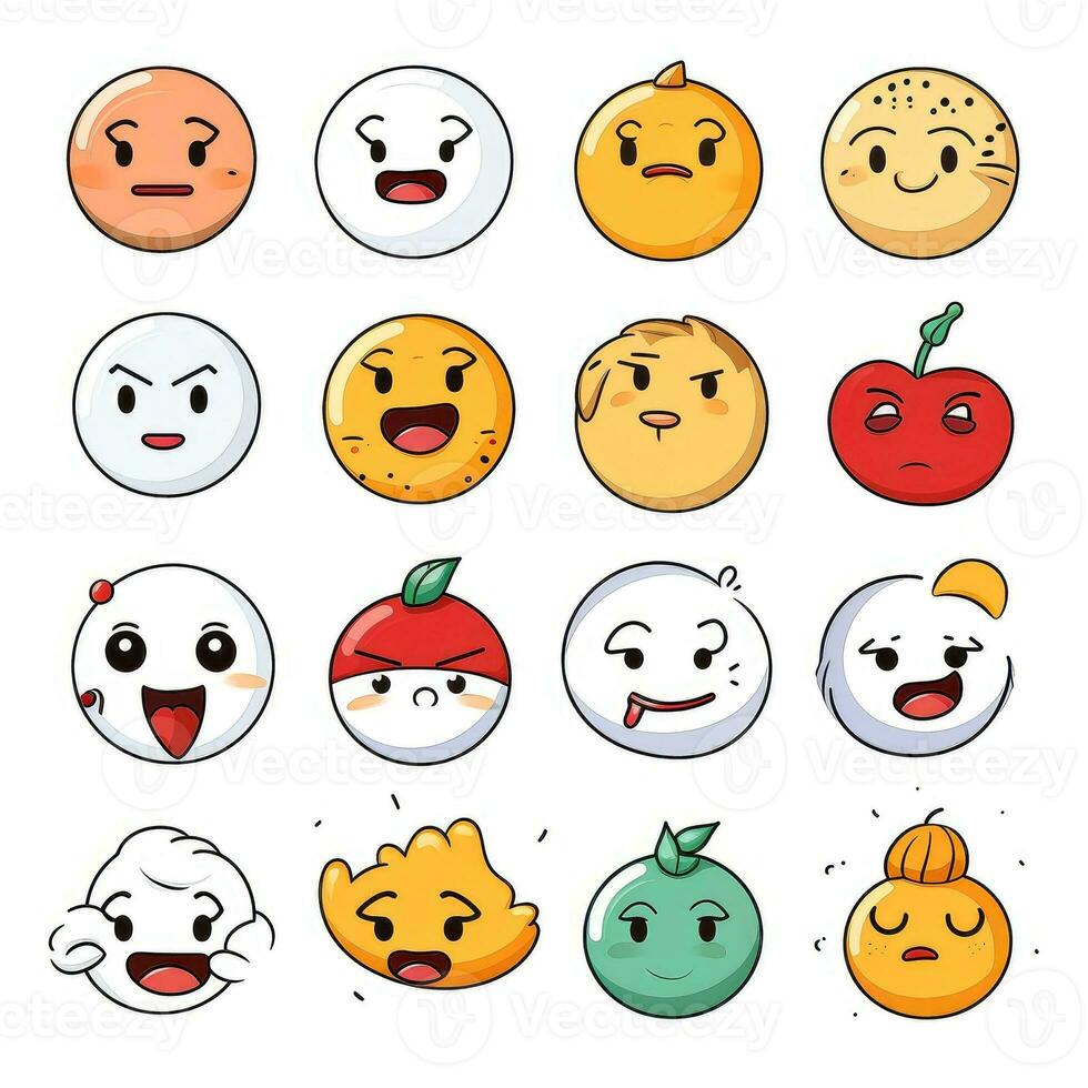 Set of cartoon faces expressions, face emojis, stickers, emoticons, cartoon funny mascot characters face set, Generative AI illustration photo