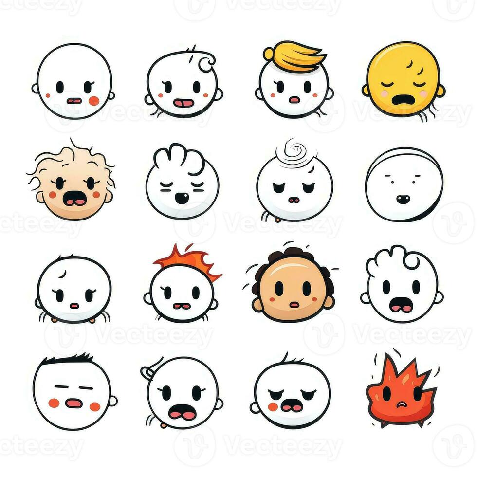 Set of cartoon faces expressions, face emojis, stickers, emoticons, cartoon funny mascot characters face set, Generative AI illustration photo