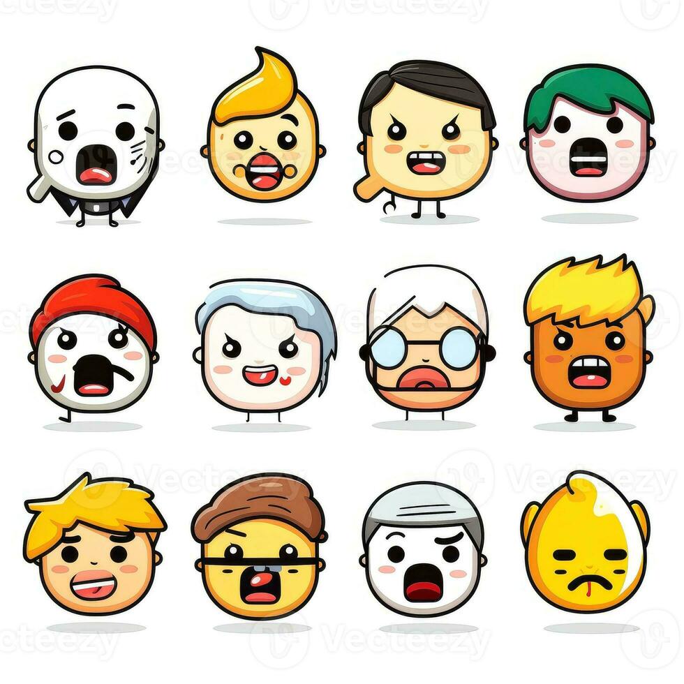 Set of cartoon faces expressions, face emojis, stickers, emoticons, cartoon funny mascot characters face set, Generative AI illustration photo