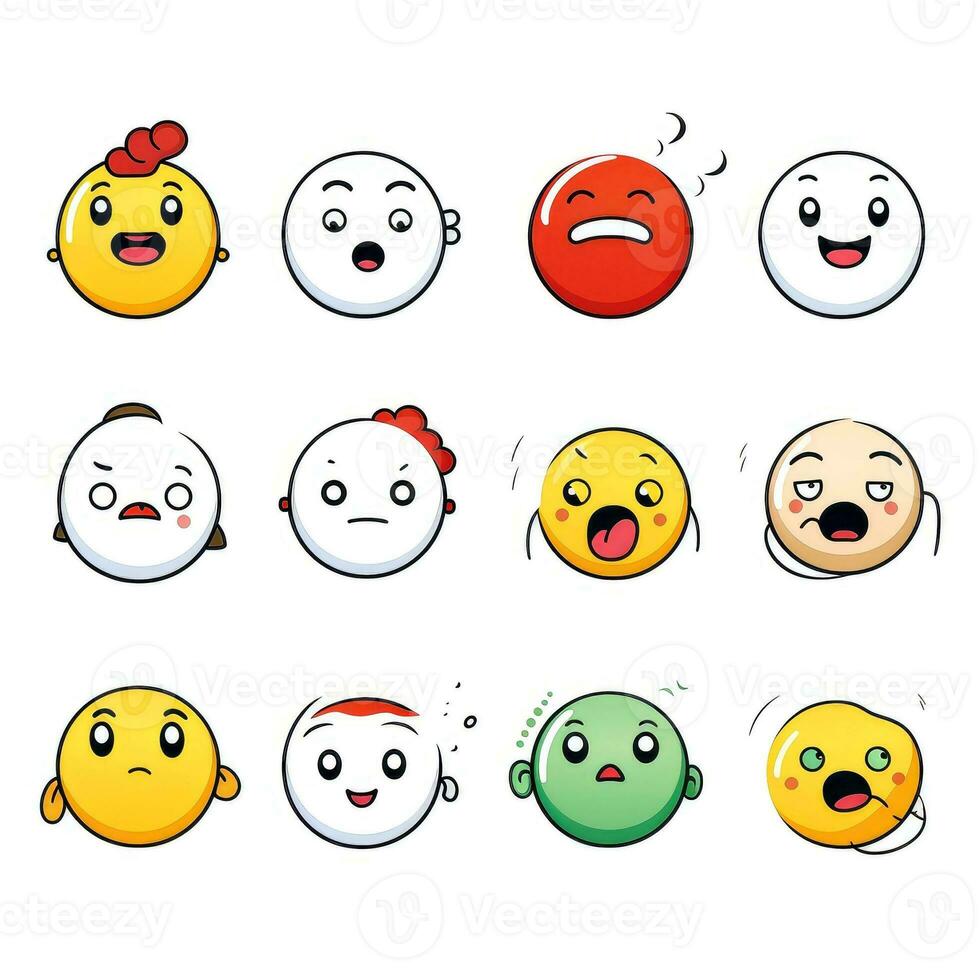 Set of cartoon faces expressions, face emojis, stickers, emoticons, cartoon funny mascot characters face set, Generative AI illustration photo