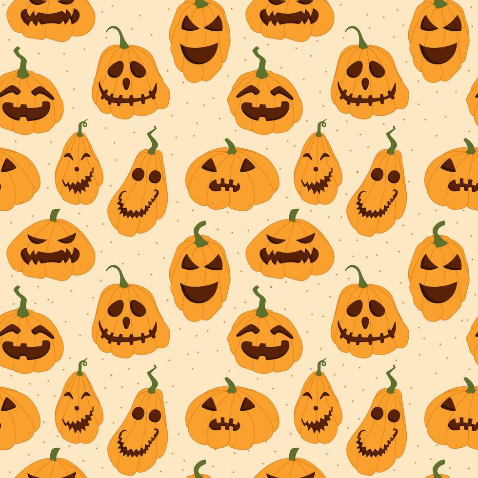 Festive Halloween pumpkins jack lantern, vector seamless cartoon pattern.