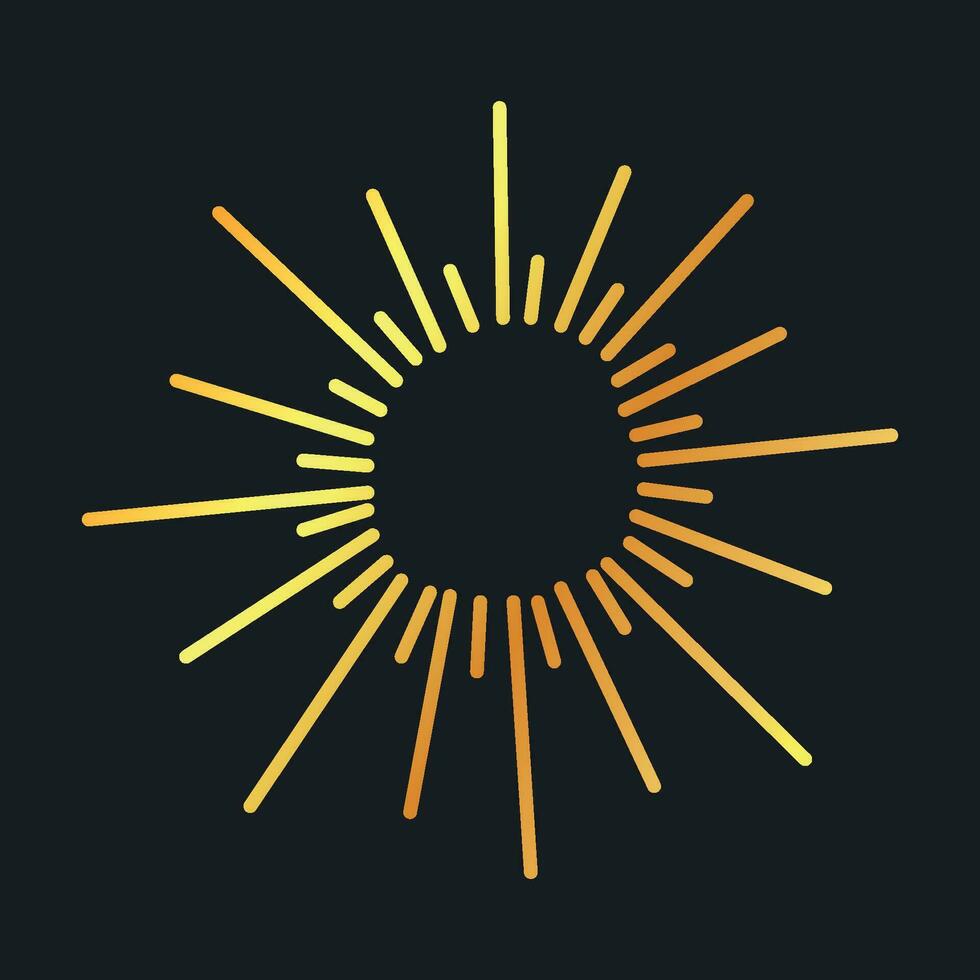 Cute decorative vector element isolated on dark background. Golden gradient sun, sunburst.