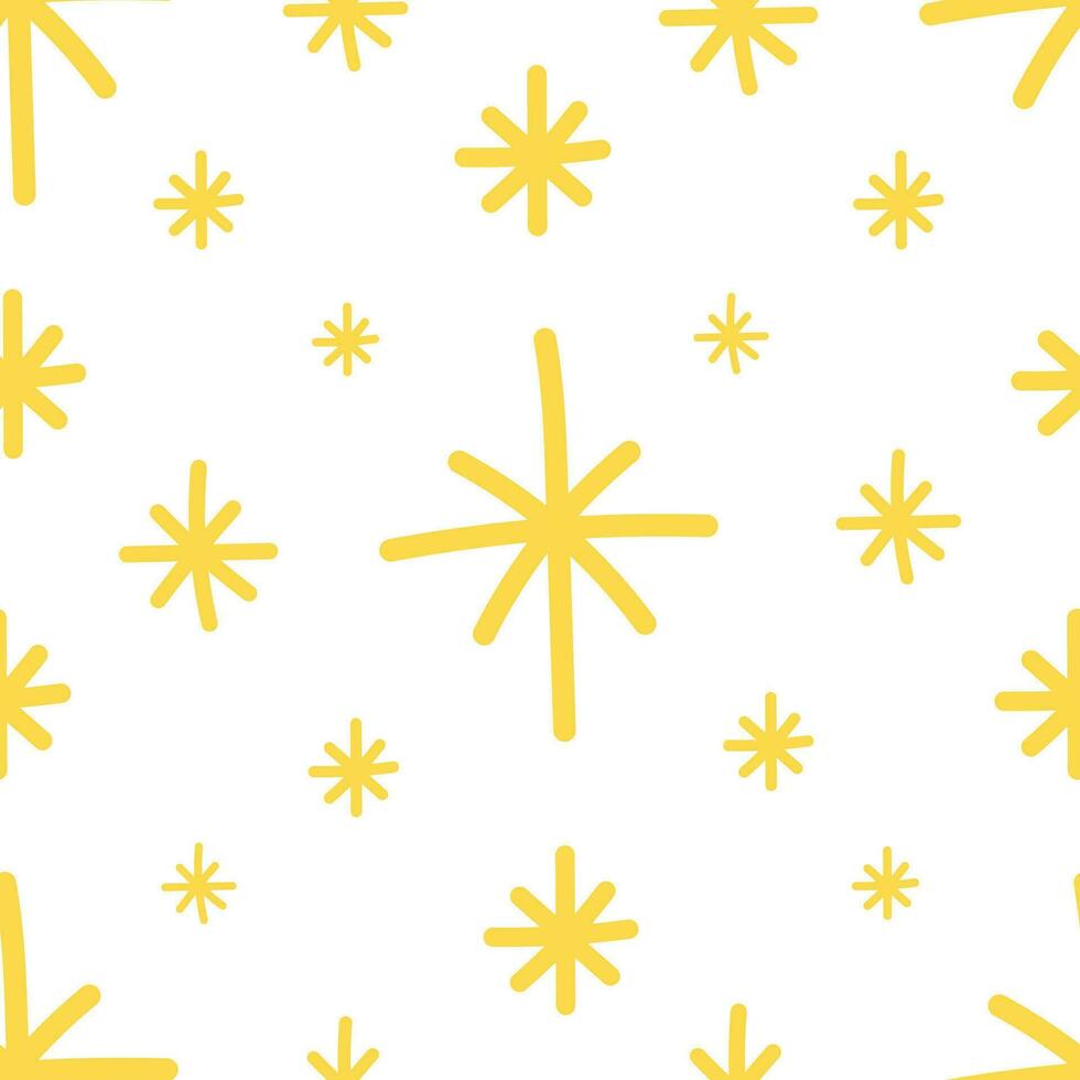 sin costura modelo amarillo brillante brillante destellos en un blanco antecedentes. garabatear mano dibujado kawaii elementos, envase papel, fondo de pantalla. vector