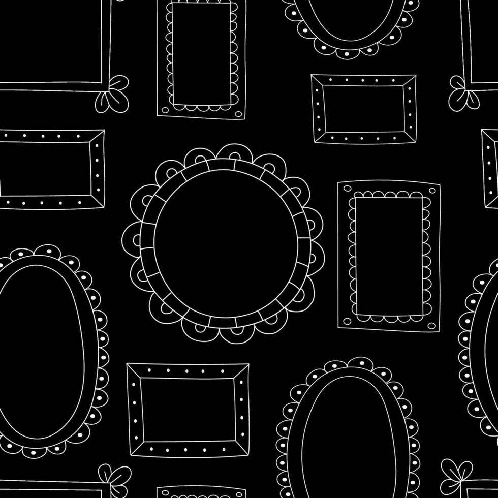 Seamless pattern thin white vintage doodle frames on a black background. Simple minimalistic hand drawn photo frames, gift wrap, wallpaper. vector