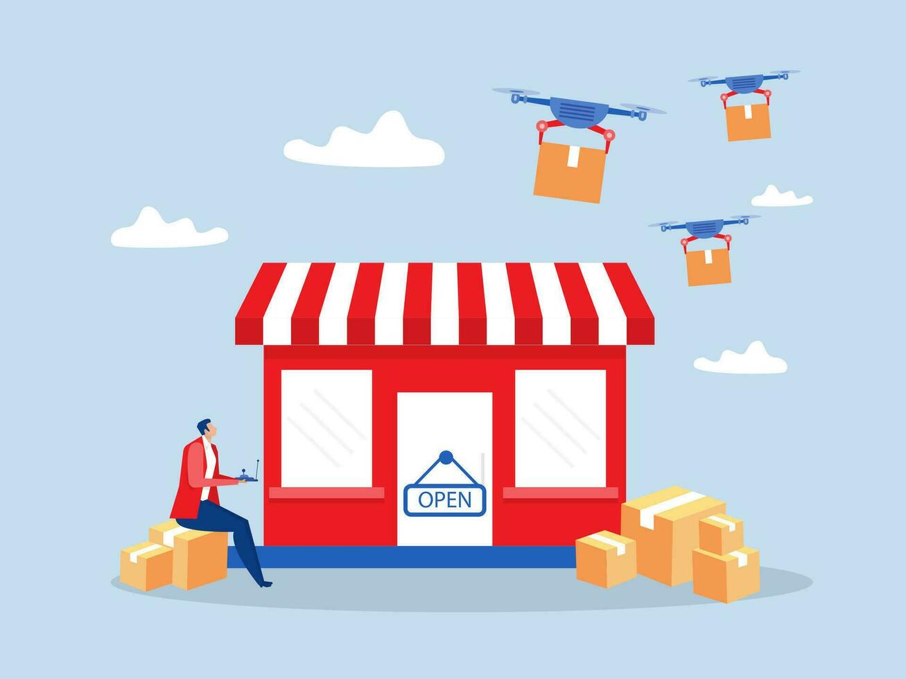 Dropshipping business model by  Drone delivery business control drones to deliver packages and boxes, work with warehouse robot arms vector