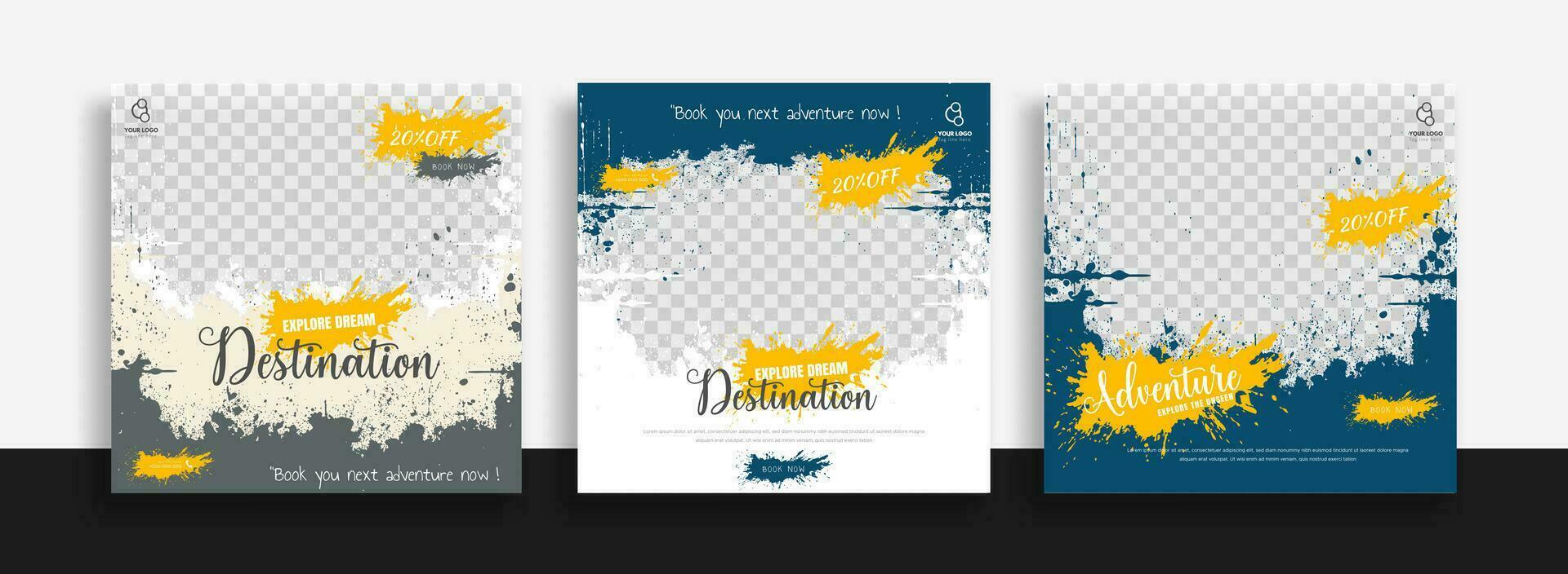 Set of travel sale social media post template. Web banner, flyer or poster for travelling agency business offer promotion. Holiday and tour advertisement banner design vector