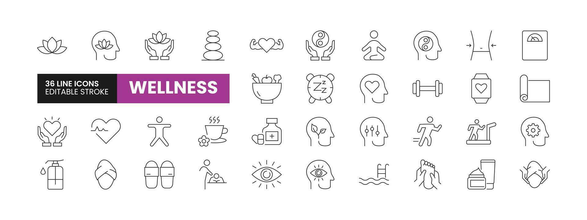Set of 36 Wellness line icons set. Wellness outline icons with editable stroke collection. Includes Wellness, Sauna, Massage, Diet, Exercise and More. vector