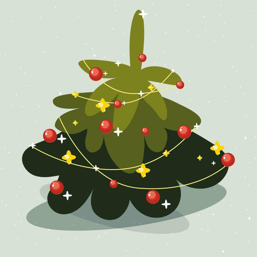 Christmas tree with decorations, decorative balls and a chain of light bulbs, a garland. Holiday. Happy New Year and Merry Christmas. Vector illustration