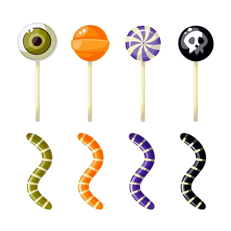 Halloween sweet treats set. Candies and lollipops - hard candies, lollipop, gummy snake, chocolates. Vector illustration. Elements for holiday projects, postcards, designs, banners.