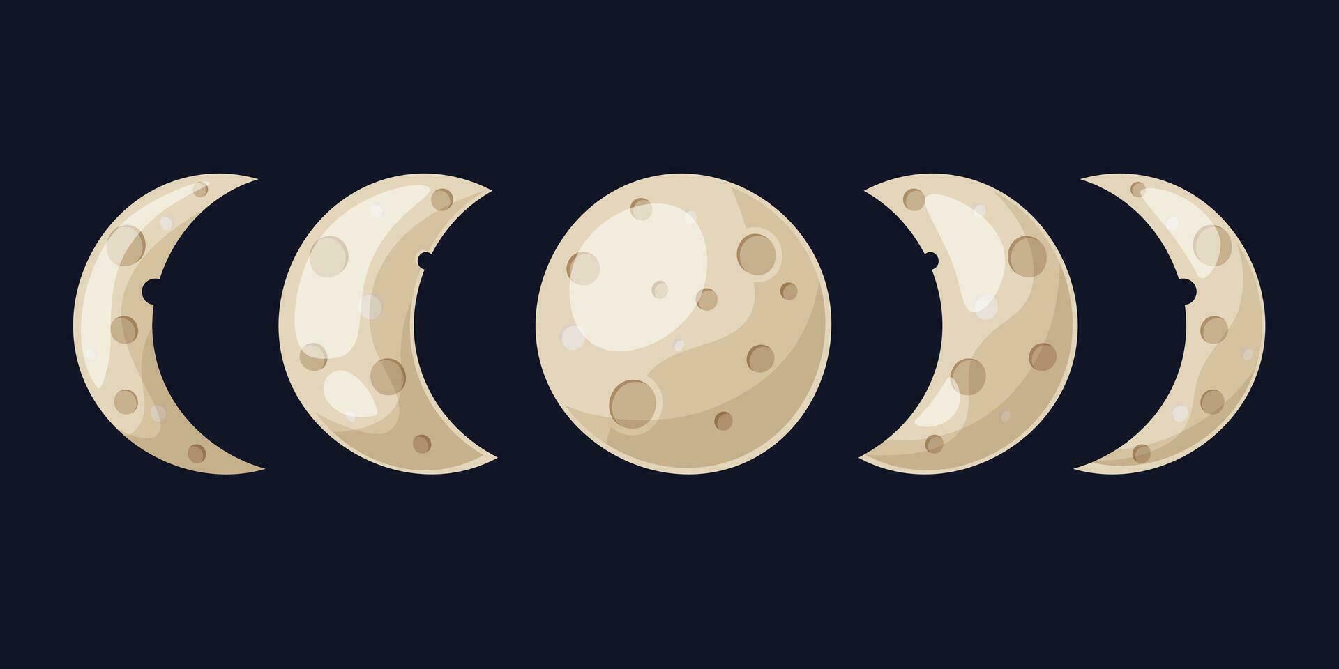 Phases of the moon, waxing or waning crescent on a dark background. Lunar eclipse in stages. vector illustration of the moon in cartoon, flat style.