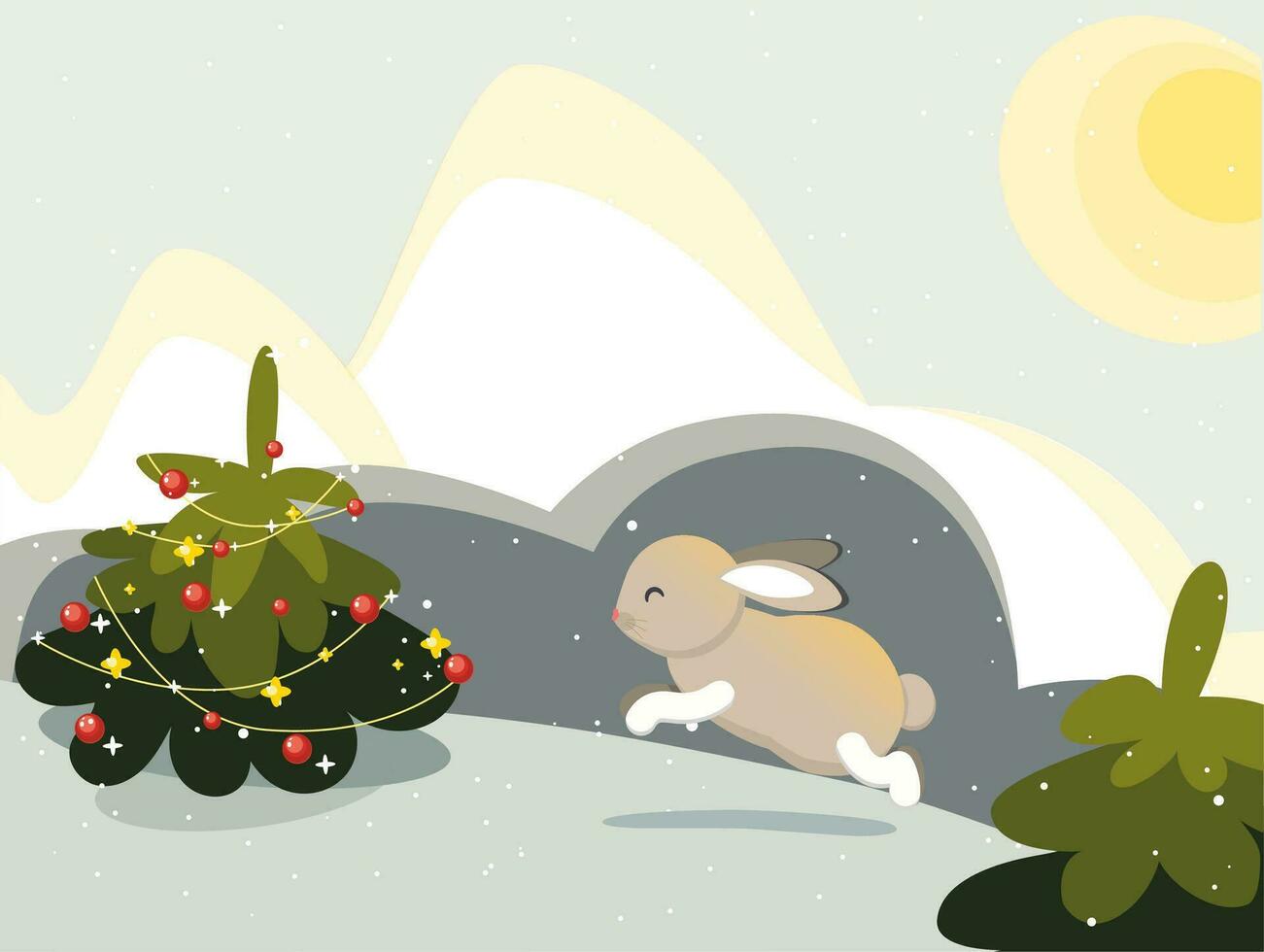 Rabbit in the winter in the New Year's forest. Winter evening landscape. Christmas tree decorated for the new year. Vector illustration