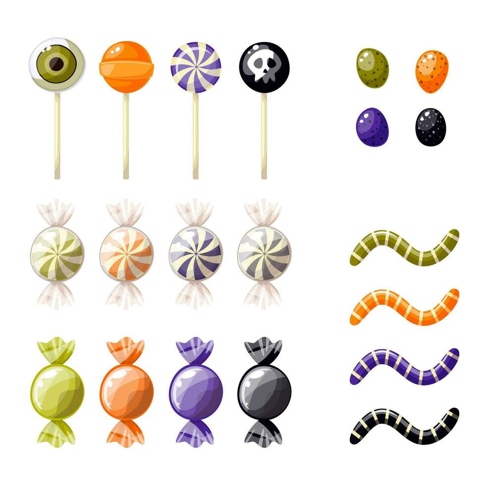 Halloween sweet treats set. Candies and lollipops - hard candies, lollipop, gummy snake, chocolates. Vector illustration. Elements for holiday projects, postcards, designs, banners.