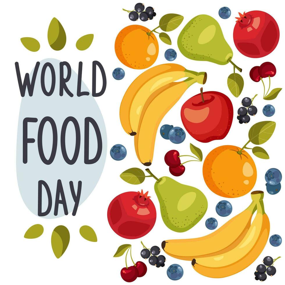 mundo comida día ilustración vector adecuado para social medios de comunicación, pancartas, carteles, volantes y alimento. palabras mundo comida día en antecedentes con hojas y frutas