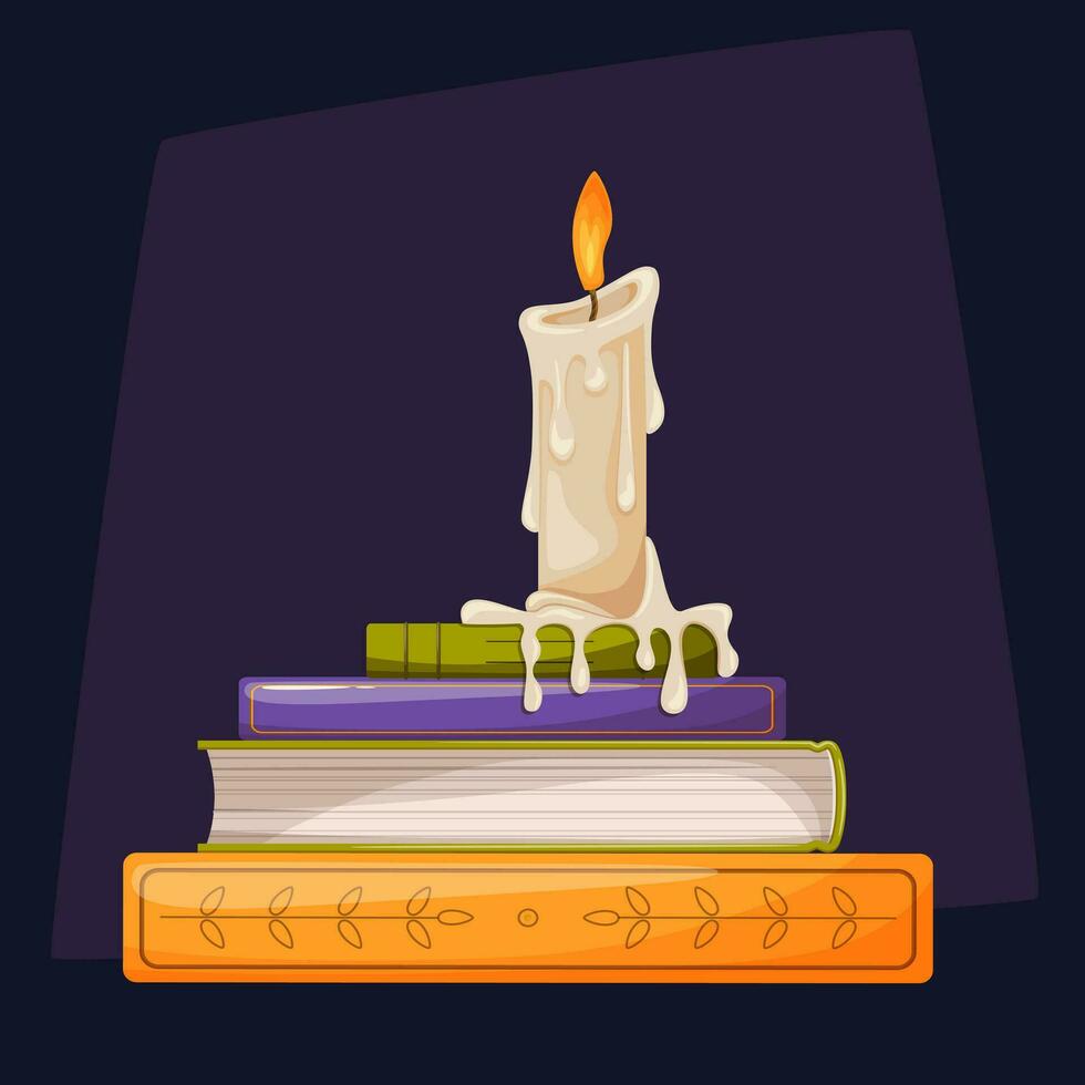 Dark composition with a candle and books for Halloween, knowledge day. Vector illustration in flat cartoon style. Postcard, poster, banner.