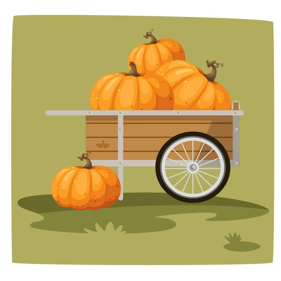 Orange pumpkin in a garden wheelbarrow, vector illustration in a cartoon, flat style. Autumn harvest. Halloween pumpkin. Thanksgiving pumpkin.