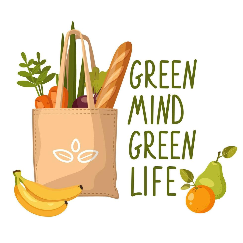 Shopper bag made of eco-friendly fabric with vegetables, fruits. Reusable canvas tote bag. Green mind, life and shopping concept. Flat vector illustration isolated on white background