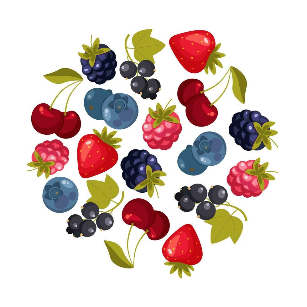 Berry Branch Round Composition Design with Sweet Tasty Garden Crop Vector Template. Round composition template consisting of blackberries, raspberries, strawberries, cherries, currants, blueberries.