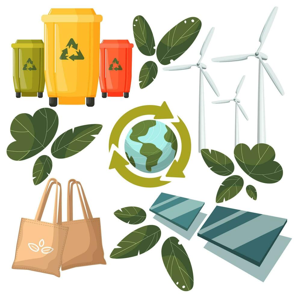 Ecology concept, solar panel, alternative electricity source, sustainable resources, garbage recycling. Vector illustration, cartoon style, flat style.