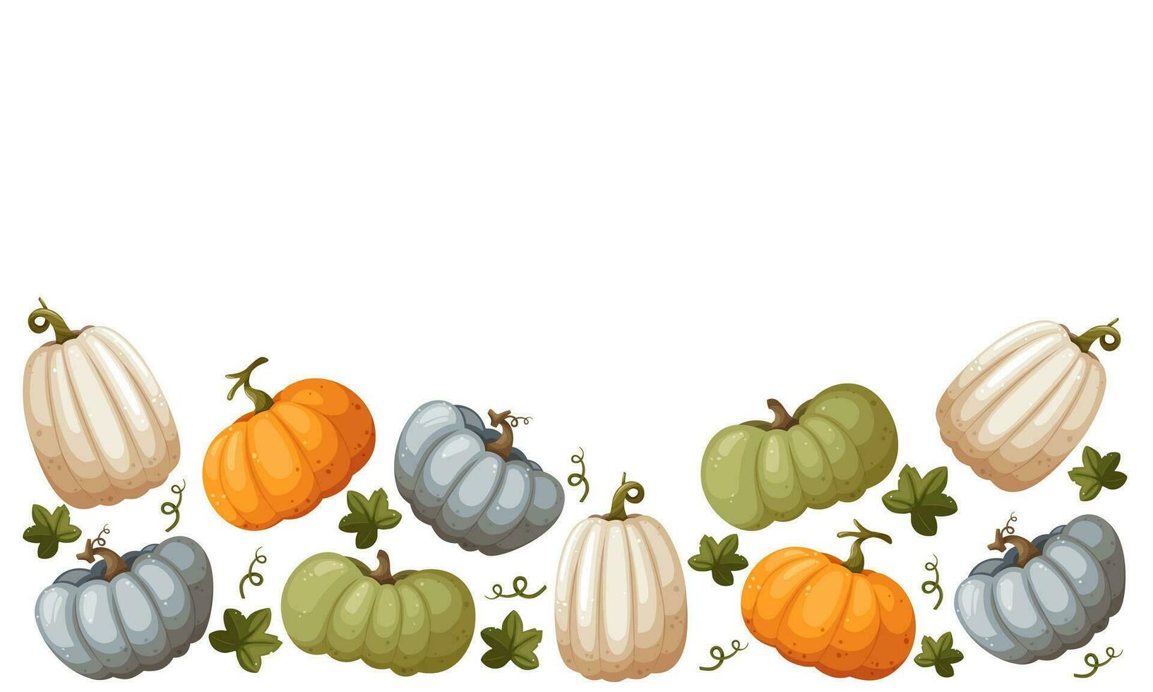 A variety of pumpkins arranged in a horizontal pattern. Suitable as Thanksgiving background, textiles, banners, wallpaper, packaging - vector image