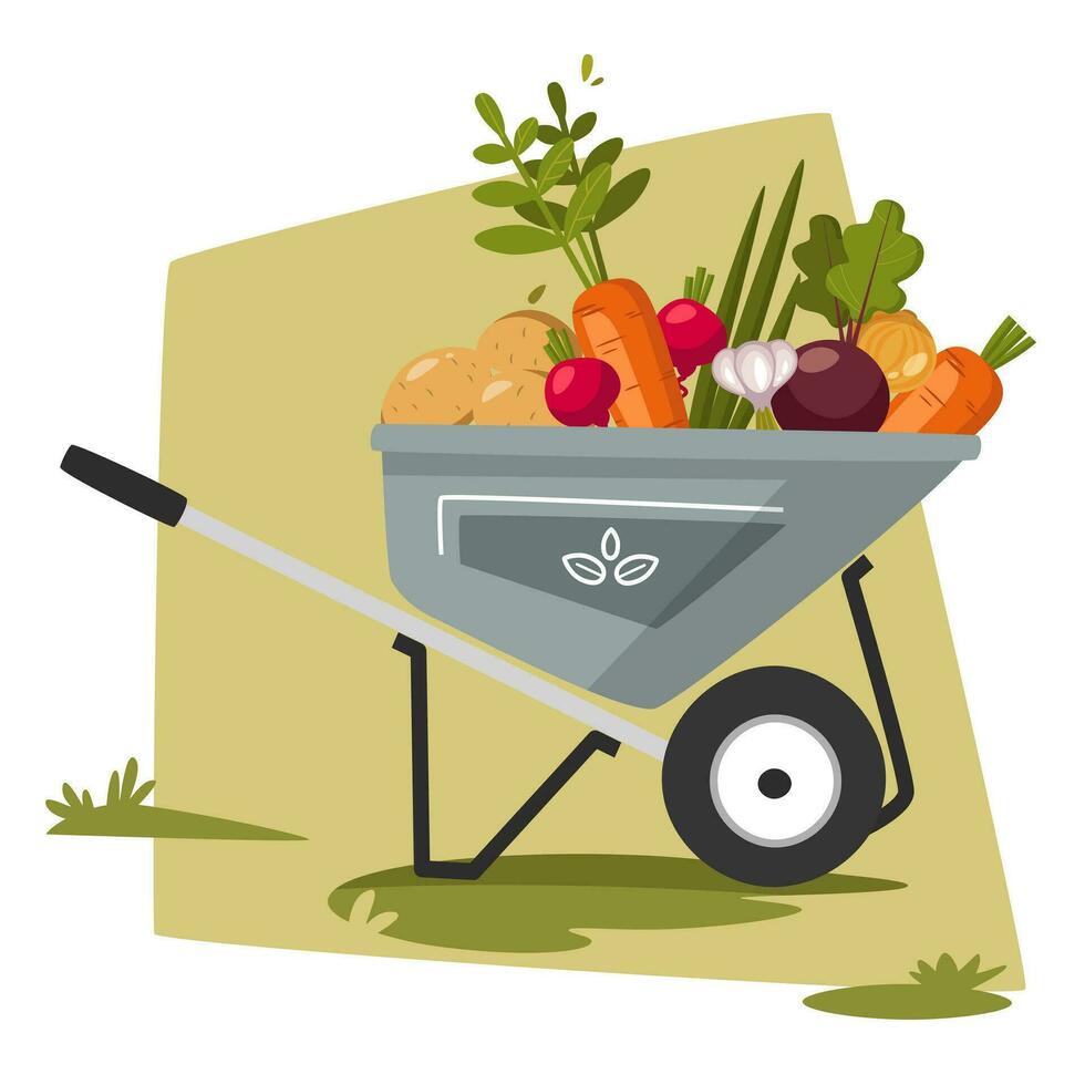 Wooden farm cart with vegetables. Harvest Festival. Fresh Organic Products from Local Farmers Market. Vector Cute Illustration in cartoon style.