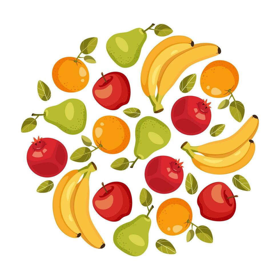 Vector composition of round design consisting of fruits. Round composition template consisting of banana, apple, pear, orange, pomegranate