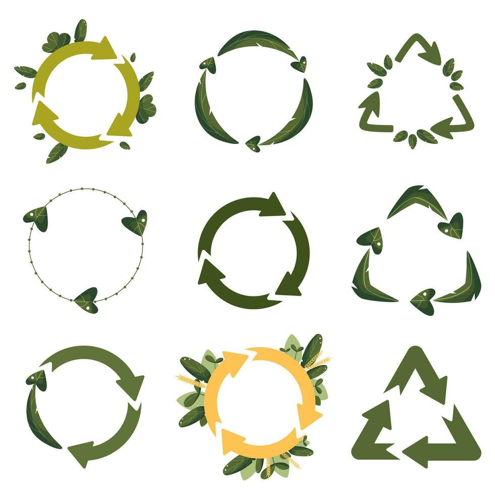 Recycling icons. Circle arrows, product reuse and ecology symbols, environmental protection logo. Collection of green recycling signs decorated with leaves on a white background. vector