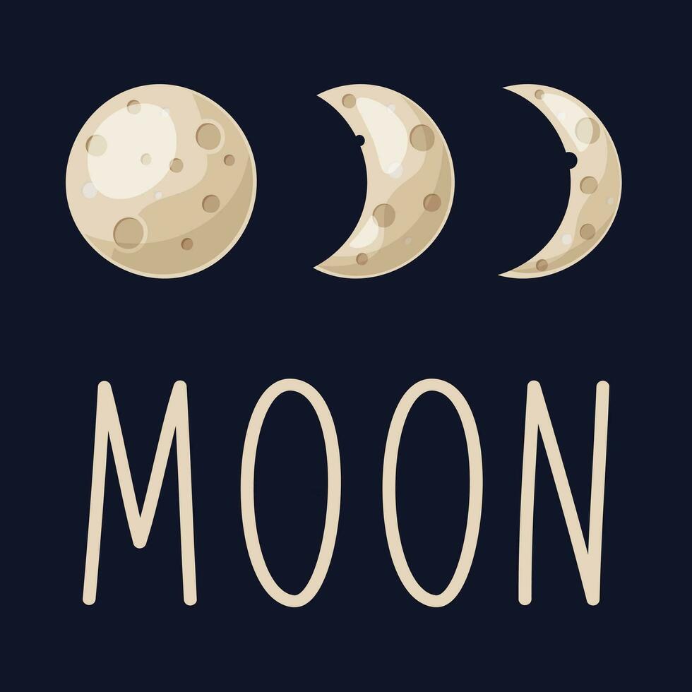 Phases of the moon, waxing or waning crescent on a dark background. Lunar eclipse in stages. Lettering, the word MOON. moon vector illustration in cartoon, flat style.