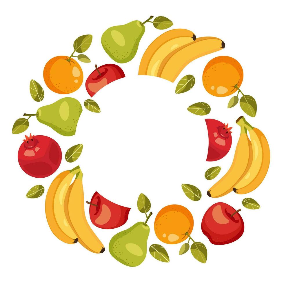 plantilla, marco desde frutas pera, manzana, naranja, plátano y granada. vector ilustración. gratis blanco circulo para texto