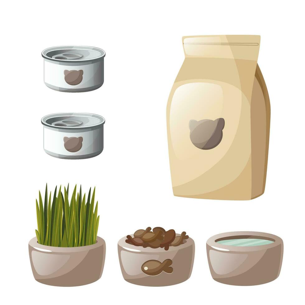 Cartoon pet food. Cat food packaging. The concept of home feeding animals. Bank and box. Plate for food. Fresh water for cats. Puppy bones. Vet shop. Cat snacks. Vector illustration.Cat food packaging