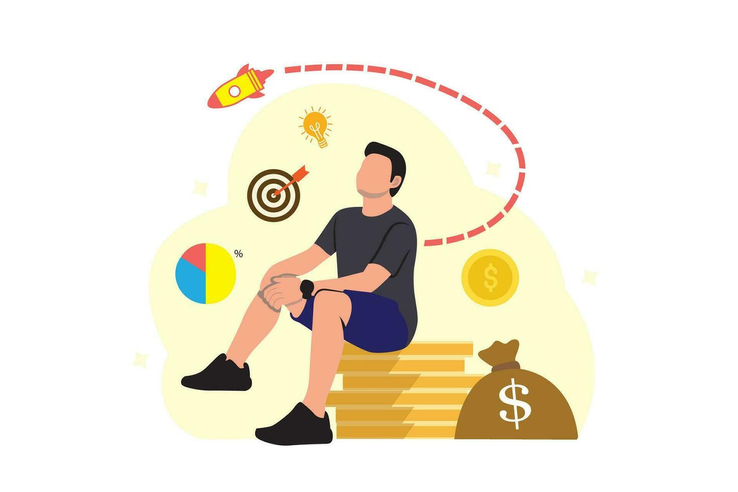 Investment concept vector illustration. Businessman sitting on a pile of coins and looking at a target.