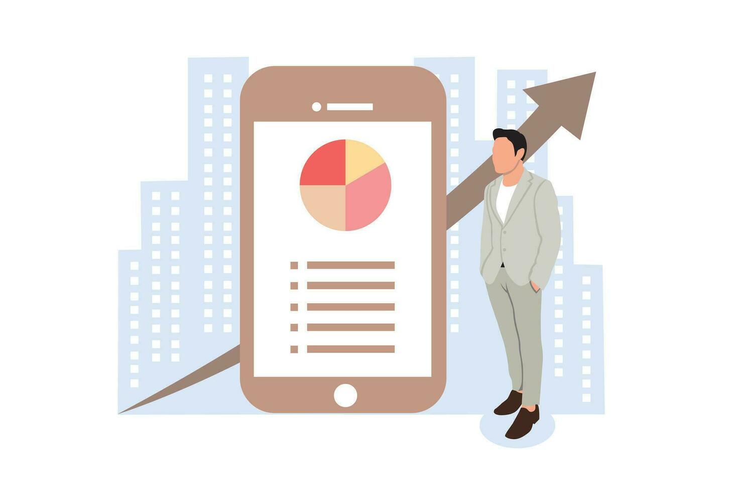 vector ilustración de un negocio hombre utilizando un móvil teléfono y un grafico en el antecedentes.