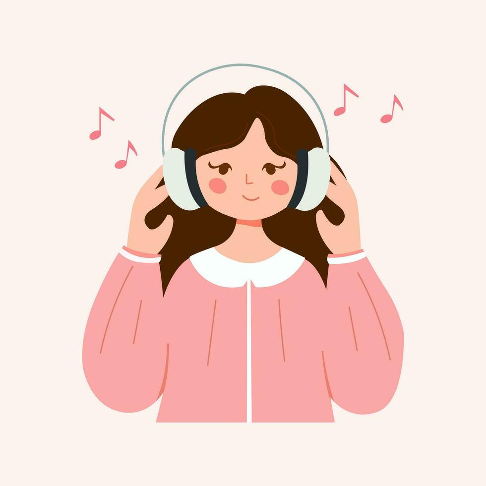 Happy cute girl listening to music. Music therapy concept. Vector illustration.