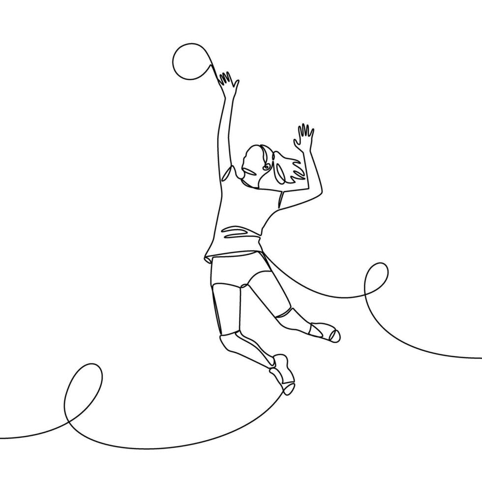 Single continuous line female professional volleyball player. Volleyball, beach volleyball. One line drawing vector illustration