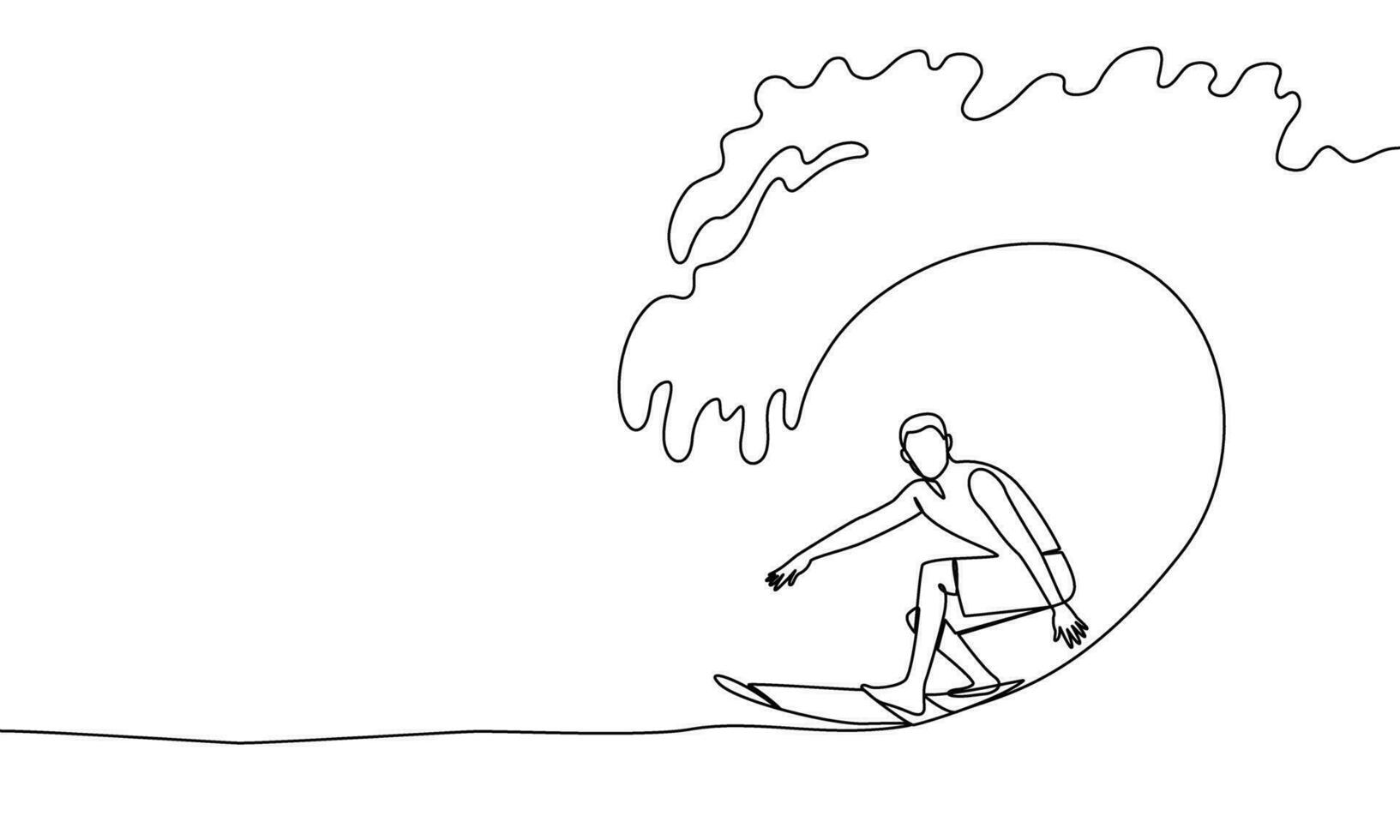 Single continuous line of professional surfer on the ocean wave. Surfing. Water, wave, catch a wave. One line drawing vector illustration